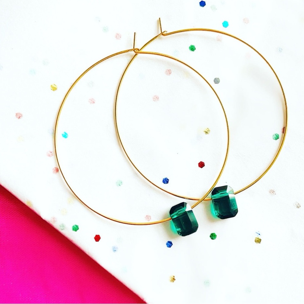 Green Swarovski Crystal Gold-Fill Hoop Earrings, New